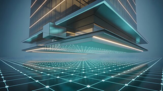 Geometric building suspended over blue digital data grid - Suitable for commercial real estate innovation, proptech blogs, or tech design.