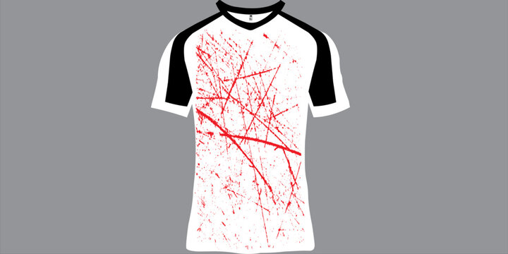 White sports jersey with black raglan sleeves and red abstract scratch grunge pattern. Modern athletic apparel design illustration on gray background.