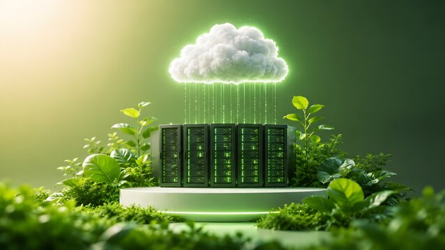 Eco friendly green cloud computing concept with server racks surrounded by lush nature and glowing digital data rain representing sustainable technology