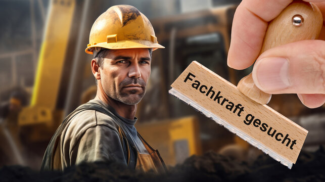 Ein Holzstempel ist beschriftet mit dem Aufdruck: Fachkraft gesucht und liegt als Fotomontage &uuml;ber einem Bild von einem Arbeiter mit Schutzhelm  - FOTOMONTAGE