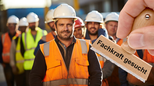 Ein Holzstempel ist beschriftet mit dem Aufdruck: Fachkraft gesucht und liegt als Fotomontage &uuml;ber einem Bild von  einer Gruppe Arbeiter mit Helm und Schutzweste - FOTOMONTAGE