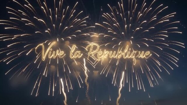 Emotional Bastille Day night scene with sparks writing Vive la R&eacute;publique across the sky