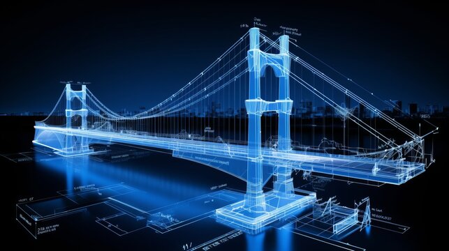 Digitales und visualisiertes Modell einer H&auml;ngebr&uuml;cke, mit KI generiert