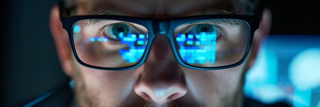 Die Daten von einer Cyberattacke spiegeln sich in der Brille eines kriminellen Hackers, mit KI generiert