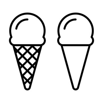 Black and white illustration of two ice cream cones one with a waffle pattern and one plain on transparent background