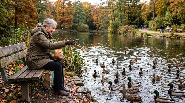 Elderly woman feeding ducks bread crumbs from a paper bag while sitting on a park bench in autumn