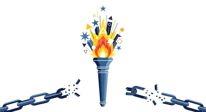Vibrant illustration of a torch blazing with hope, powerfully signifying the breaking of chains, freedom from constraints, and the triumph of the human spirit