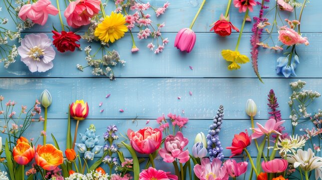 Bunte Fr&uuml;hlingsblumen liegen als Rahmen auf Holzbretter mit Freiraum f&uuml;r Text, mit KI generiert