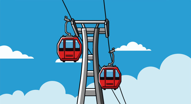 Two red cable cars ascend a support tower against a bright blue sky