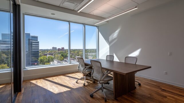 Modern office meeting room with large windows and city view (1)