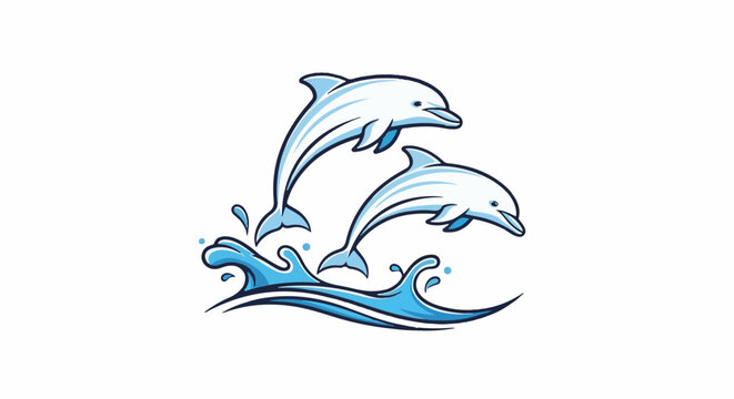 Two dolphins leap joyfully from stylized blue ocean waves