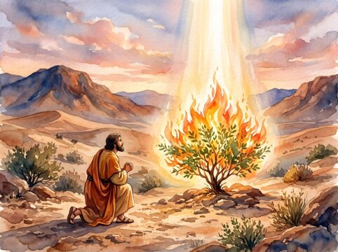 Moses kneeling before a burning bush receiving divine revelation