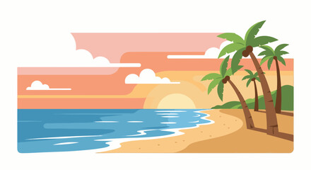 Obraz premium Tropical beach scene with palm trees, ocean waves, and a sunset sky