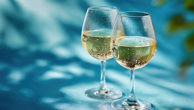 Two glasses of sparkling wine with bubbles, on a blue, sun-dappled surface