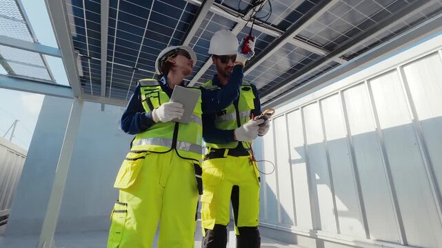 Workers inspect solar panels on a roof at a construction site during daytime hours