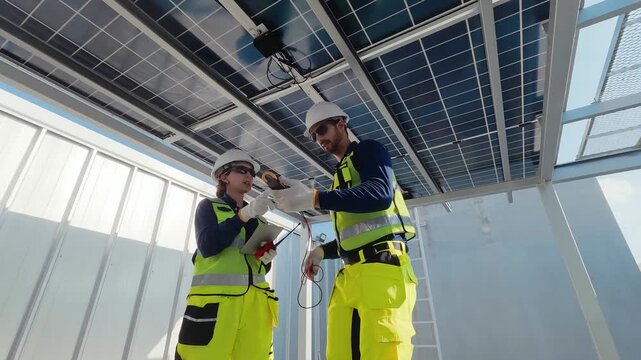 Two workers install solar panels on a rooftop at a construction site during midday