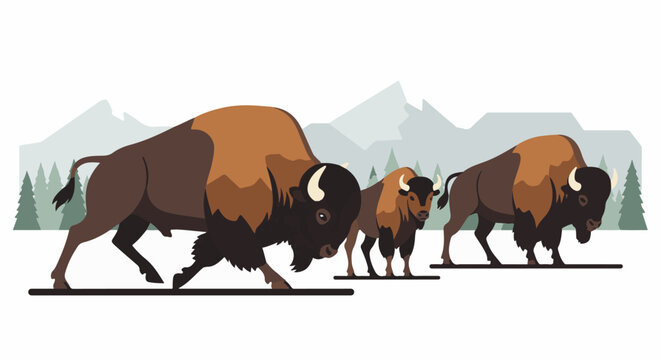 Three buffaloes walking through a snowy landscape with mountains