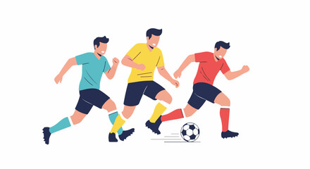 Obraz premium Three cartoon men in athletic wear playing soccer on a white background