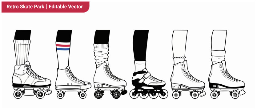 Roller skate vector icons set featuring vintage inline skates and classic quad boots on legs with socks for 70s 80s retro sports design, line art graphic on white background.