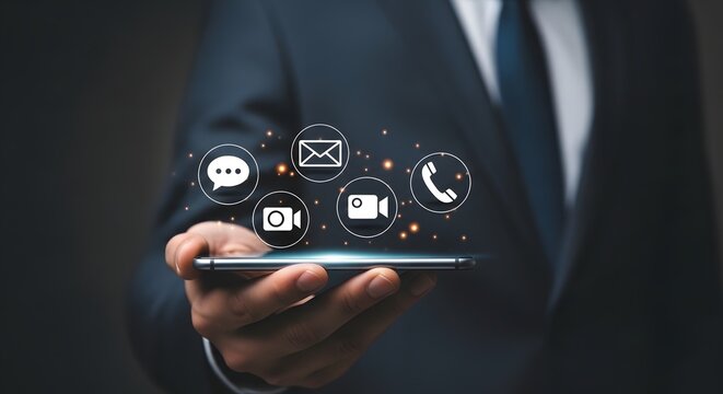 Close up of a corporate manager holding a smartphone horizontally with floating white linear messaging symbols