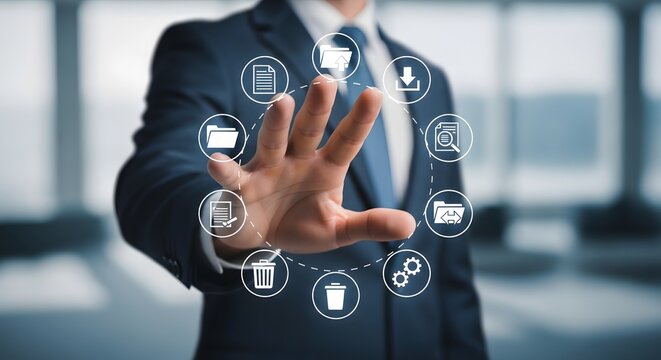 Close up of businessman reaching out hand to touch floating virtual file management database icons