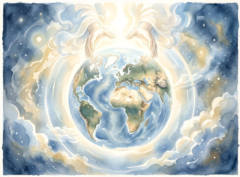 God creating and protecting Earth in a celestial artwork