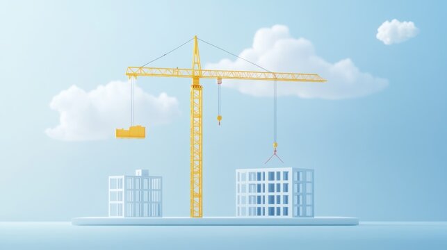Simple vector of a yellow crane lifting a prefab unit, surrounded by minimalist buildings