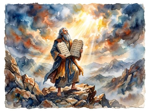 Moses holding stone tablets on mountaintop receiving divine law