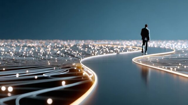The Path of Progress: A lone businessman walks down a glowing pathway, leading towards a futuristic city illuminated by a myriad of lights, symbolizing innovation and the future of technology.
