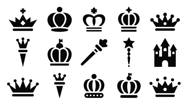 Fifteen black silhouette icons featuring various crowns scepters and fortress buildings.