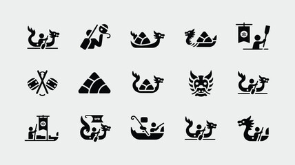 Minimalist dragon boat silhouettes with rowers racing banners and cultural festival symbols. © Soma
