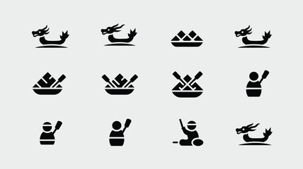 Fototapeta premium Set of minimalist black dragon boat festival icons illustrating rowing traditional races.
