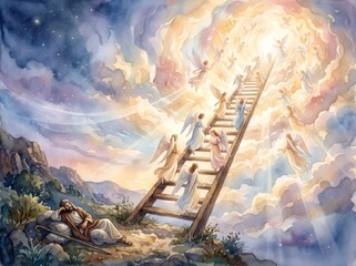 Naklejka premium Jacob's ladder dream with angels ascending descending