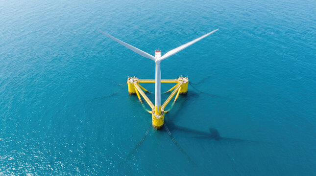 Floating wind turbine foundation ocean water, showcasing renewable energy technology