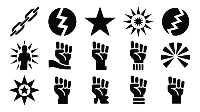 Juneteenth vector graphics set with fist silhouettes broken chains and celestial stars.