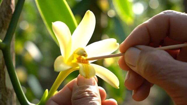 Person manually pollinating a delicate yellow vanilla orchid flower using a small wooden stick outdoors in a sunny tropical plantation