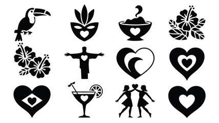 Assorted brazilian love and romance vector icons with toucan bird hibiscus and cocktails. © Soma