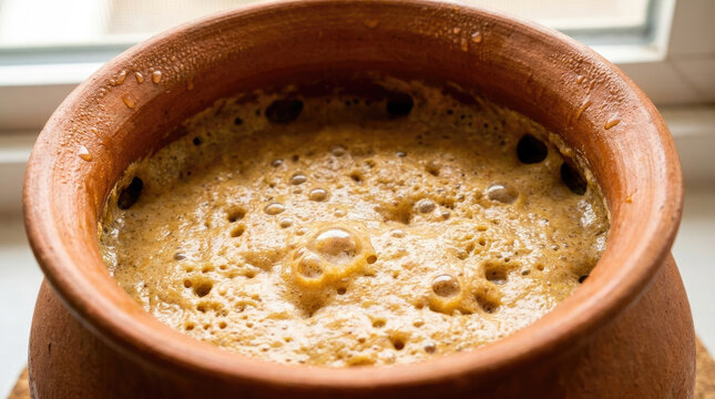 Fermented sourdough in clay pot, showcasing bubbles and texture, indicating active fermentation
