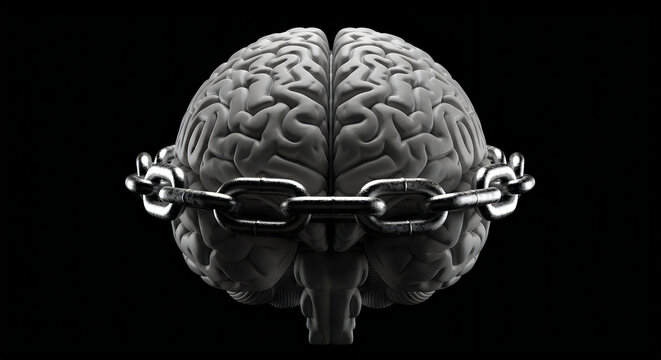 Human brain constrained by metal chains conceptual art