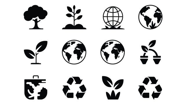Black and white set of environmental icons including recycling symbols and world globes art.