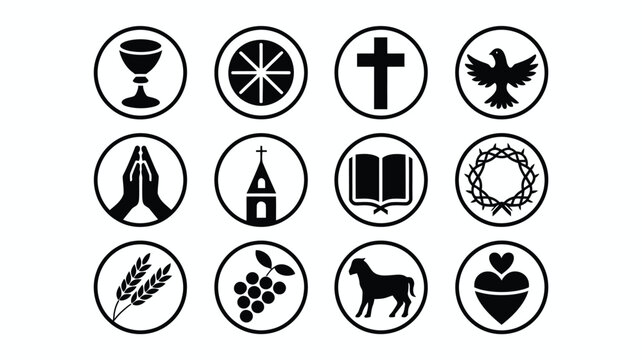 Black circle icons showing christian symbols including prayer hands church wheat and vine.