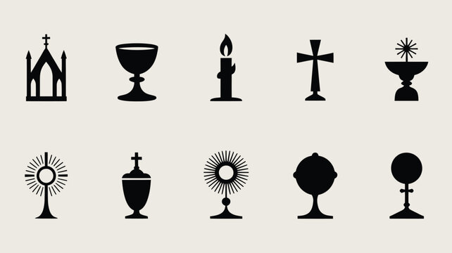 Christian silhouettes of chalice monstrance and church building for religious design work.