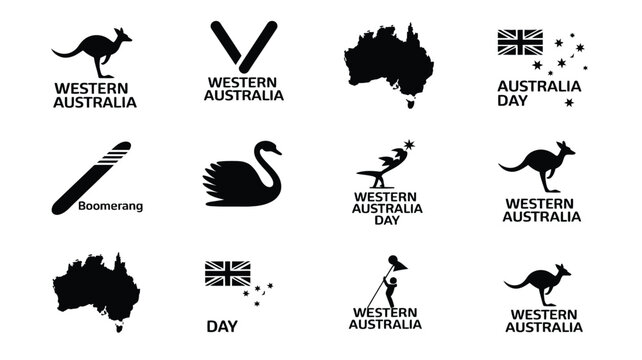 Collection of western australia day themed icons with map flag and regional symbols black.
