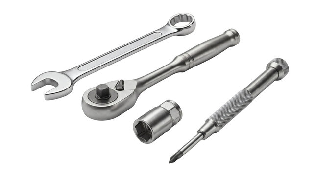 Studio photography of professional tools including wrench, ratchet, socket and screwdriver isolated on background.