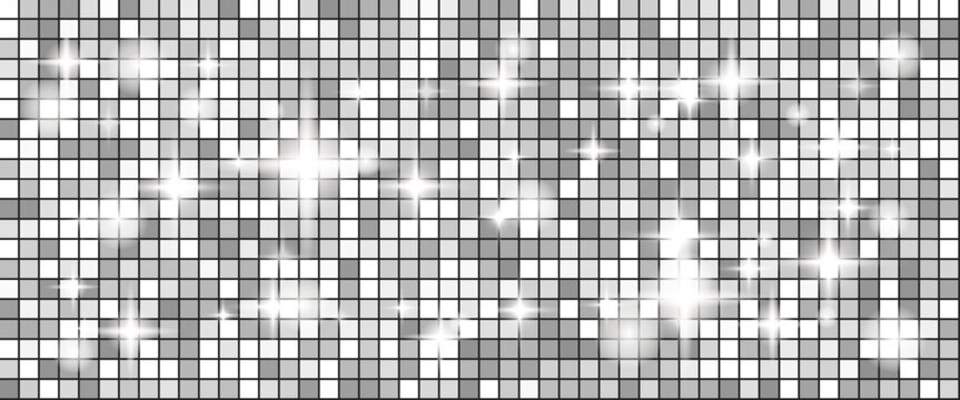 Disco ball with silver metal sequin on glam mosaic for night club poster. Grey texture grid wall, bright glitter by shiny disco ball shine. Vector Christmas pattern template in luxury white tile.