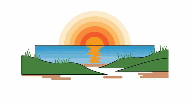 Stylized sunset over calm water with grassy shores and sandbars