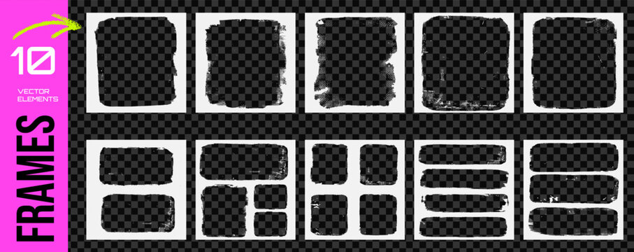 Grunge frame borders with rough brush stroke for album cover and music poster. Square photo frames with white paint and torn edge. Vector record collage ink template set on black checkered bg as png.