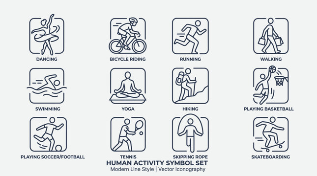 Human Activity Symbol Set Line Style Vector Iconography.