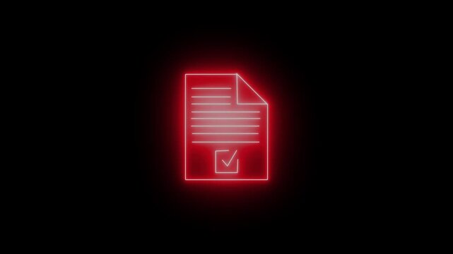 Neon glow writing on a document icon on a black background paper animation.