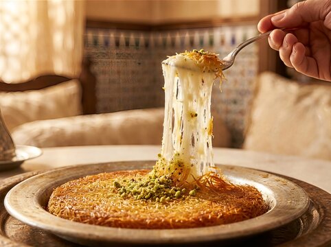 Delicious traditional Kunafa dessert with a long stretchy cheese pull and pistachio topping.